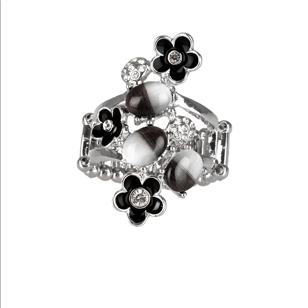Black flower ring with moon stones